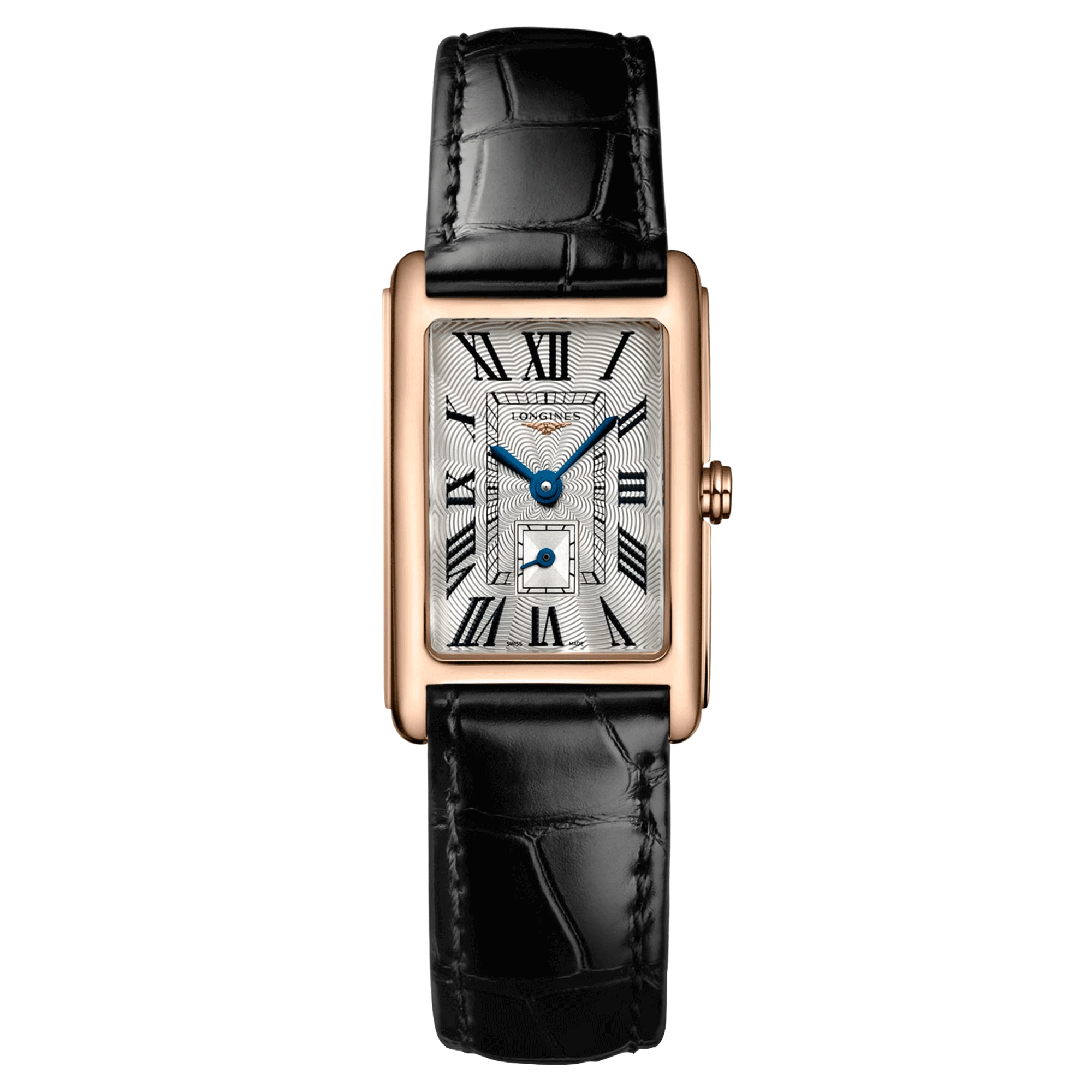 Montre Longines DolceVita quartz or rose chiffres romains petite seconde bracelet croco noir