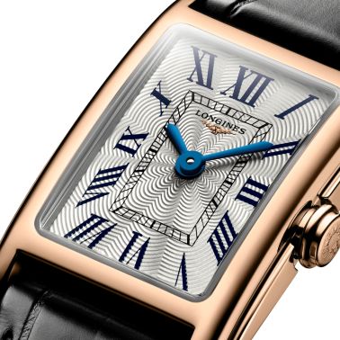 Montre Longines DolceVita quartz cadran argenté chiffres romains bracelet croco noir