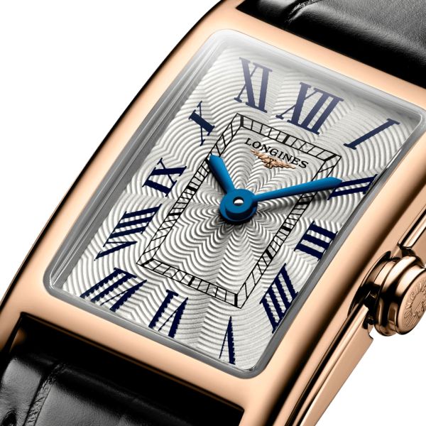 Montre Longines DolceVita quartz cadran argenté chiffres romains bracelet croco noir