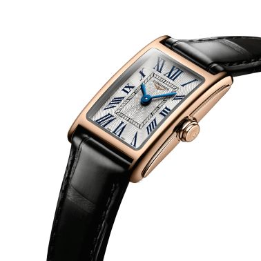 Montre Longines DolceVita quartz cadran argenté chiffres romains bracelet croco noir