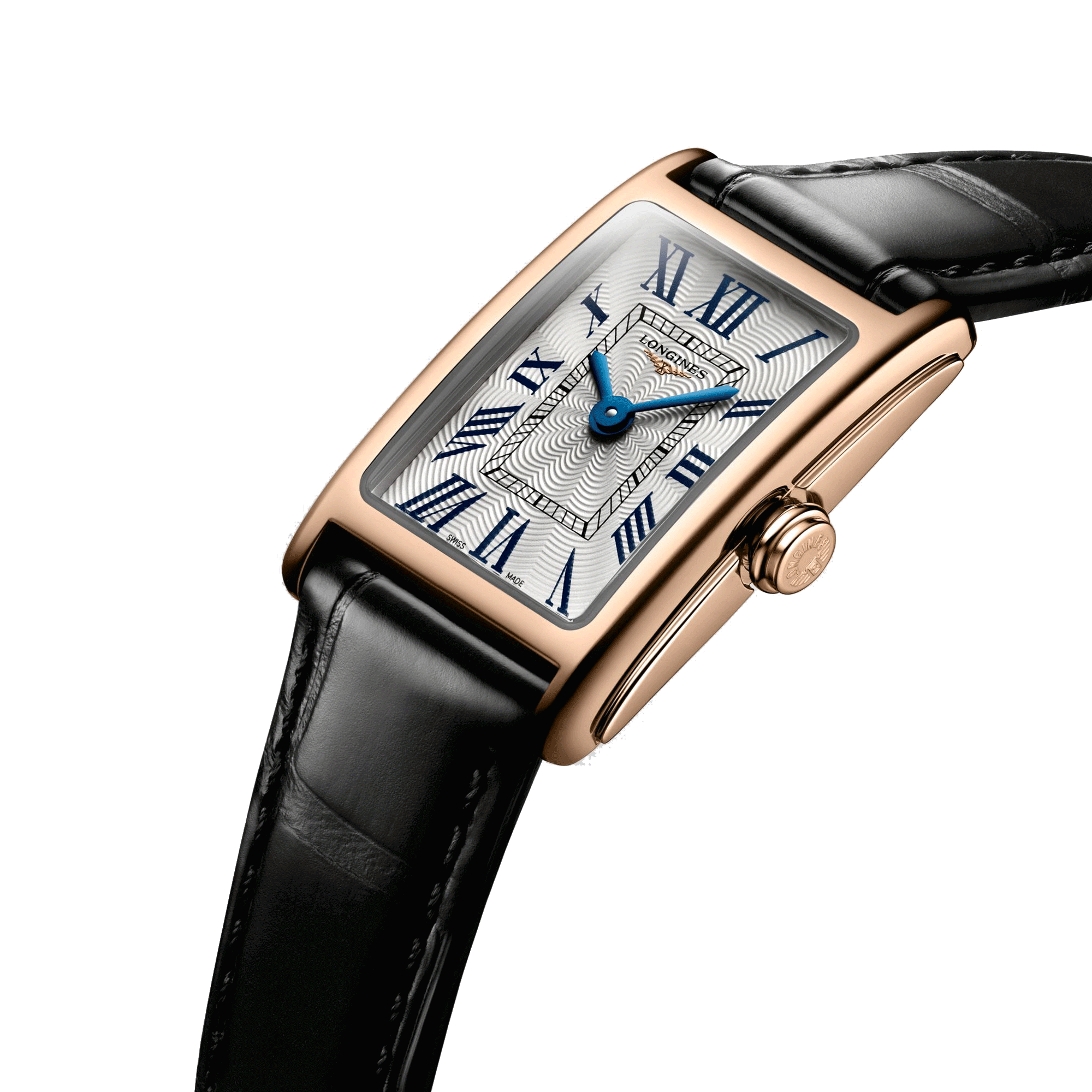 Montre Longines DolceVita quartz cadran argenté chiffres romains bracelet croco noir