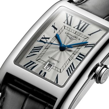 Montre Longines DolceVita automatique cadran argenté chiffres romains bleuis bracelet cuir noir