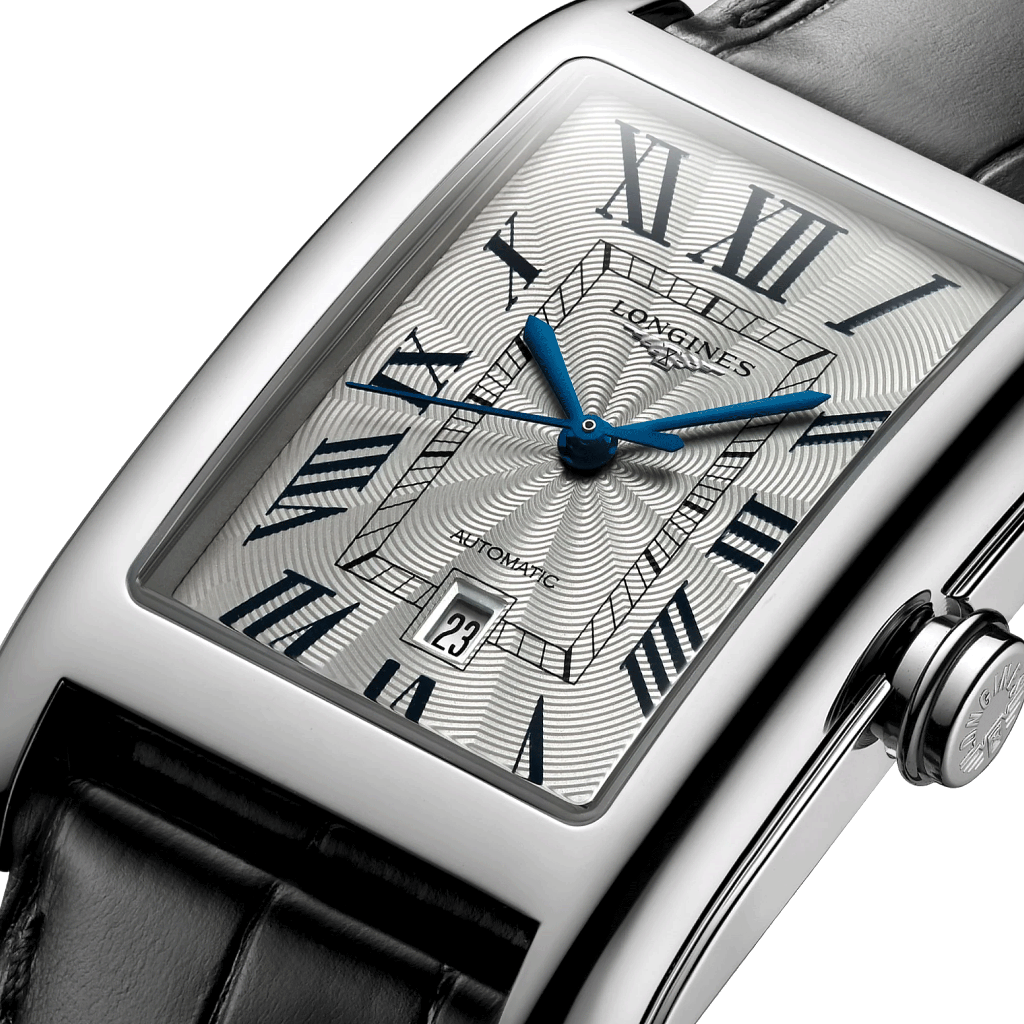 Montre Longines DolceVita automatique cadran argenté chiffres romains bleuis bracelet cuir noir