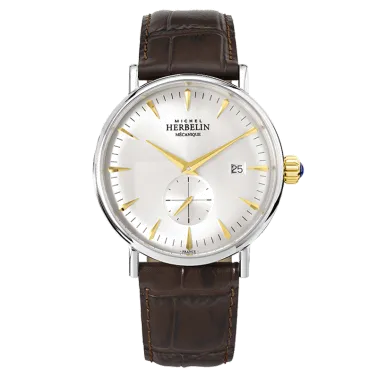 Montre Michel Herbelin Inspiration 1947 mécanique cadran argent bracelet cuir marron 40 mm