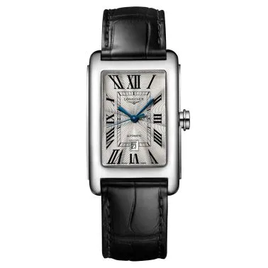 Montre Longines DolceVita automatique cadran argenté chiffres romains bleuis bracelet cuir noir