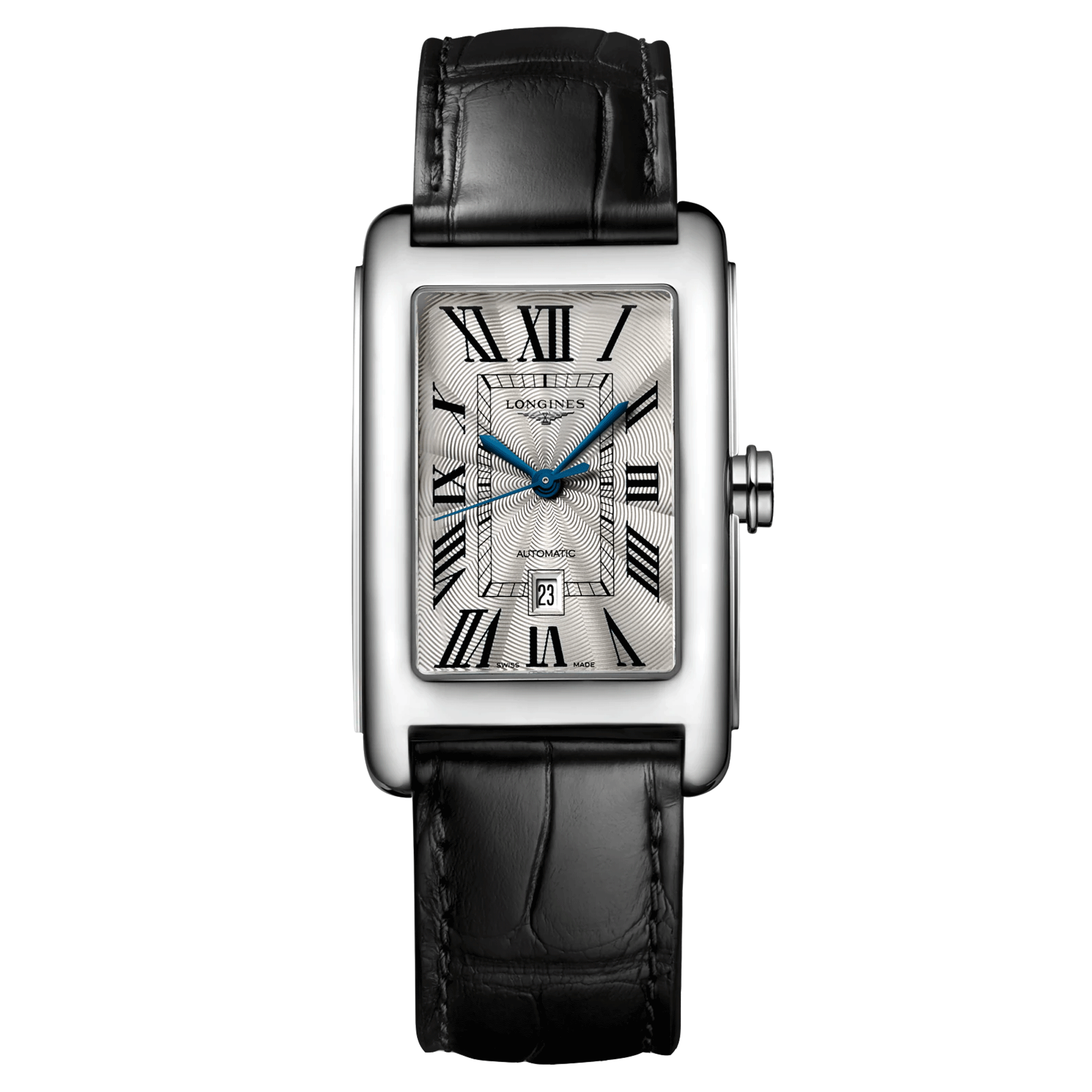 Montre Longines DolceVita automatique cadran argenté chiffres romains bleuis bracelet cuir noir