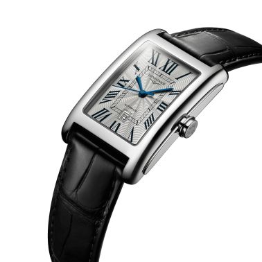 Montre Longines DolceVita automatique cadran argenté chiffres romains bleuis bracelet cuir noir
