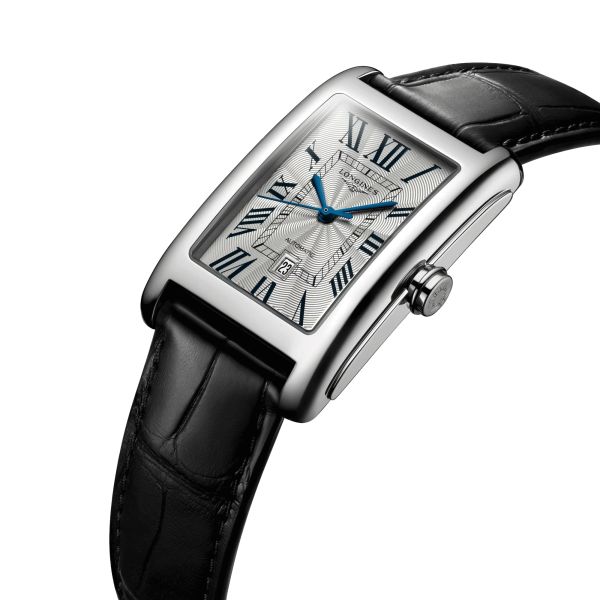 Montre Longines DolceVita automatique cadran argenté chiffres romains bleuis bracelet cuir noir
