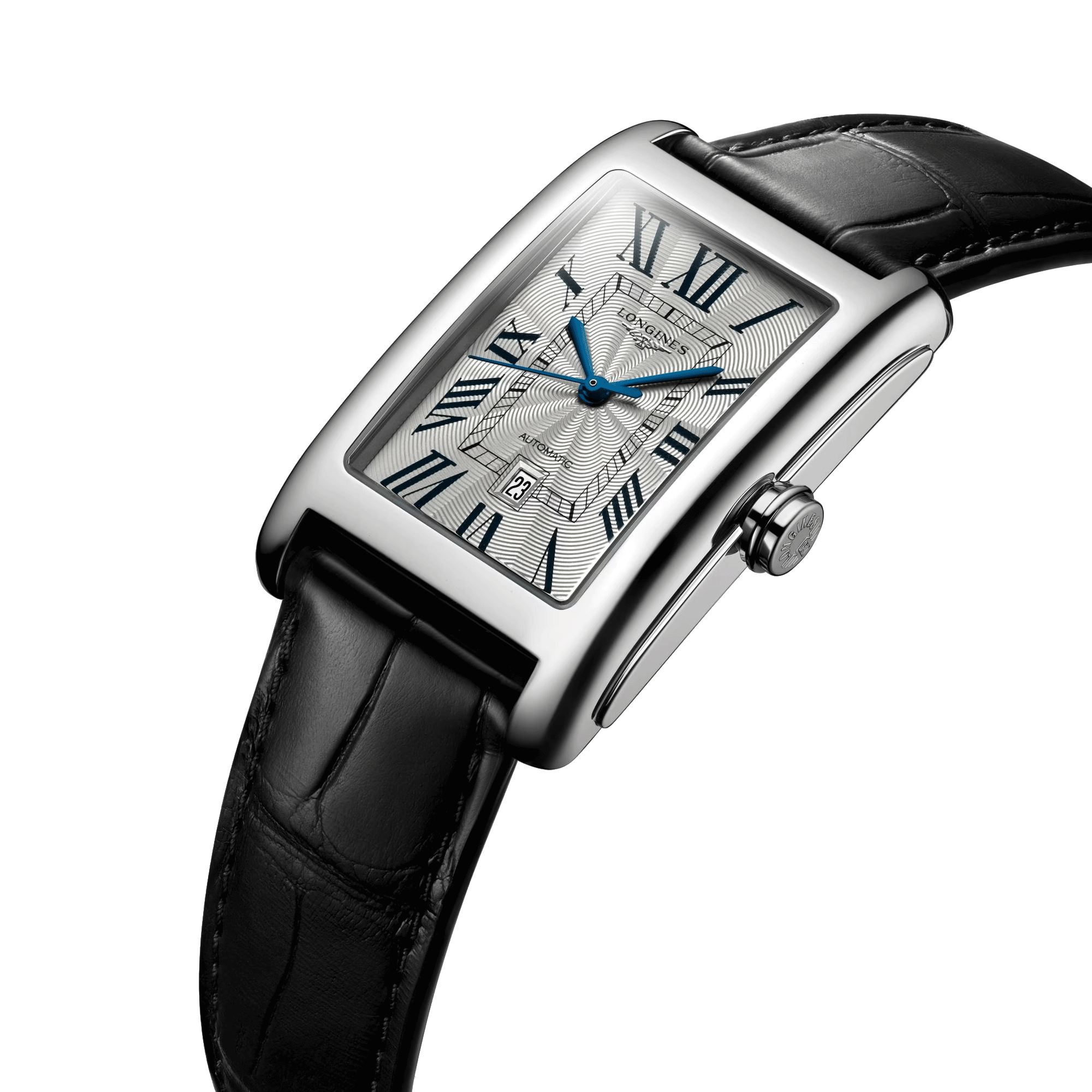 Montre Longines DolceVita automatique cadran argenté chiffres romains bleuis bracelet cuir noir