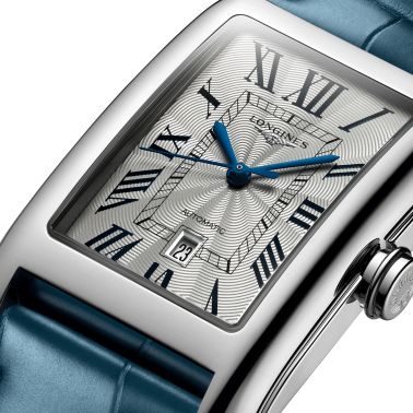 Montre Longines DolceVita automatique cadran argenté bracelet cuir bleu L5.757.4.71.9