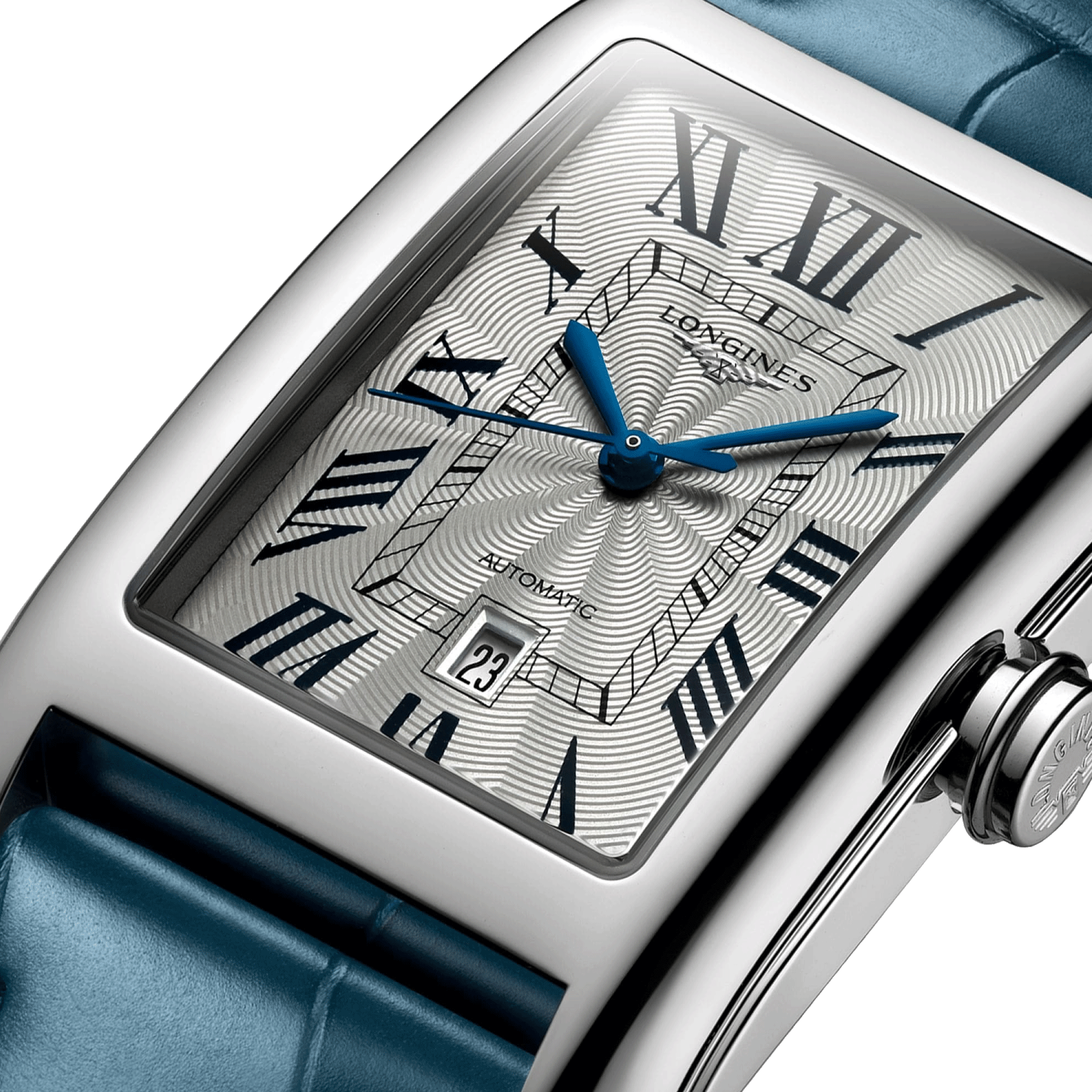 Montre Longines DolceVita automatique cadran argenté bracelet cuir bleu L5.757.4.71.9