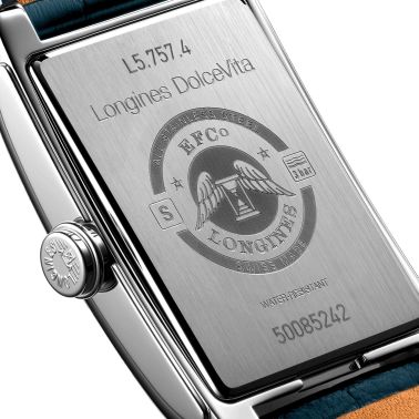 Montre Longines DolceVita automatique cadran argenté bracelet cuir bleu L5.757.4.71.9