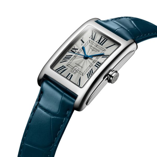 Montre Longines DolceVita automatique cadran argenté bracelet cuir bleu L5.757.4.71.9