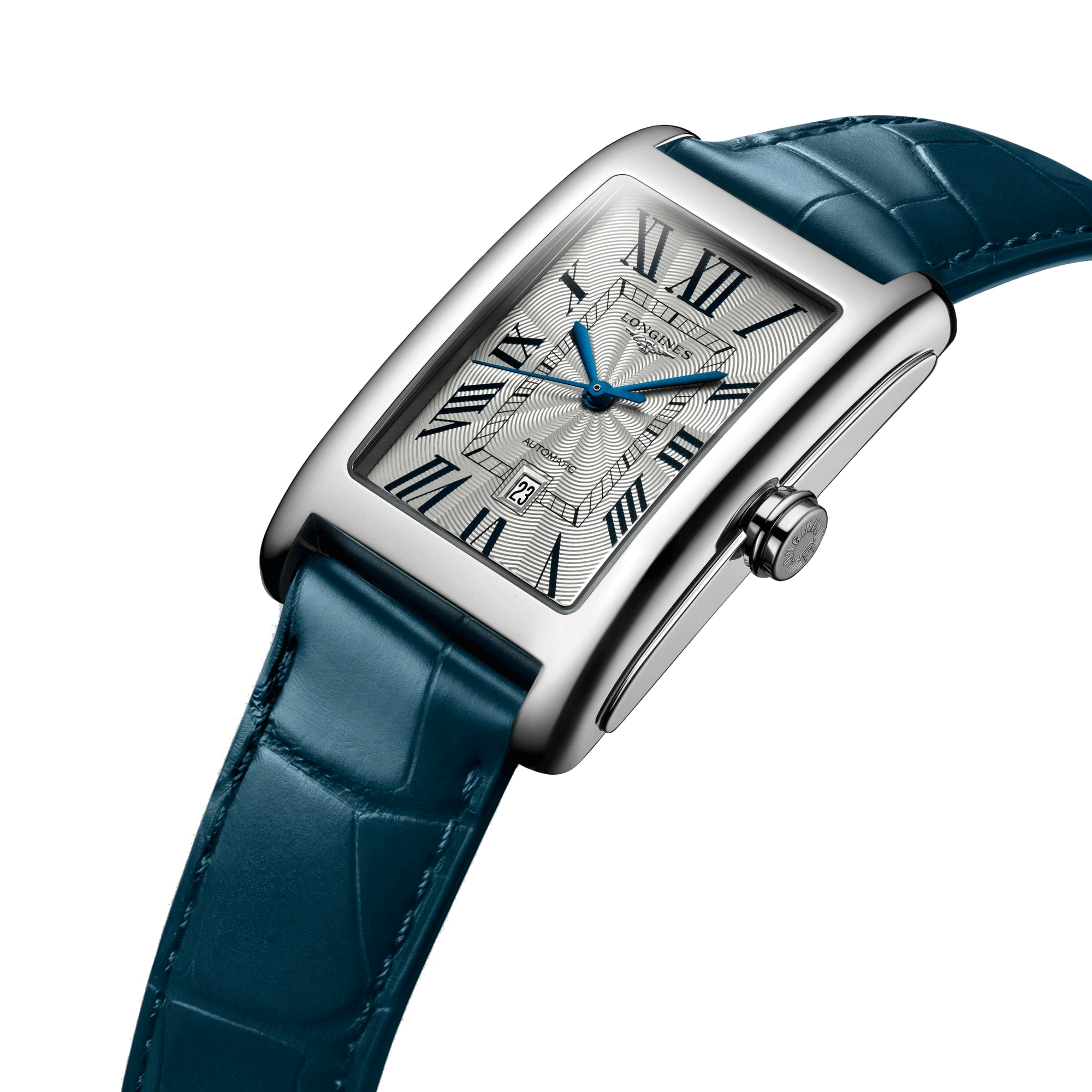 Montre Longines DolceVita automatique cadran argenté bracelet cuir bleu L5.757.4.71.9