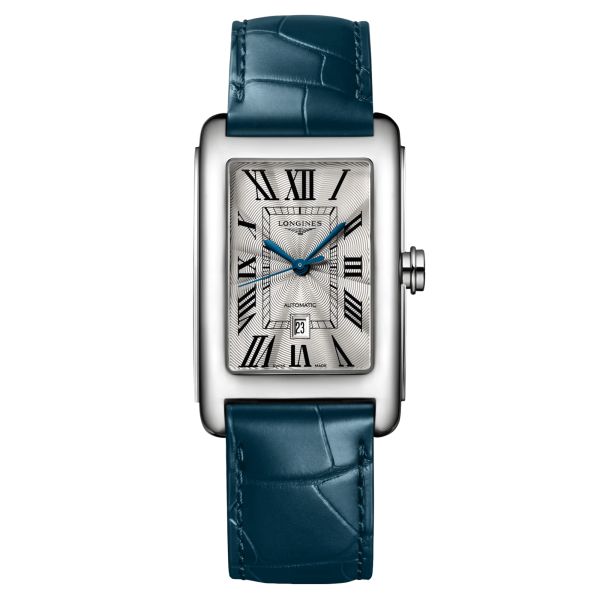 Montre Longines DolceVita automatique cadran argenté bracelet cuir bleu L5.757.4.71.9