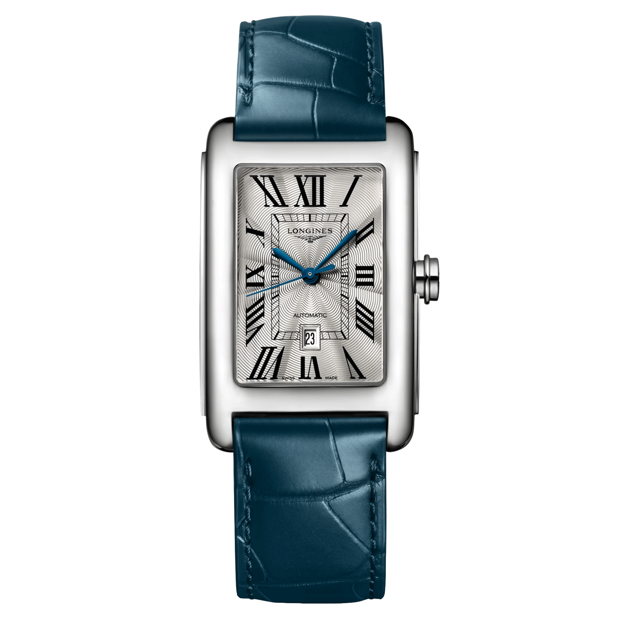 Montre Longines DolceVita automatique cadran argenté bracelet cuir bleu L5.757.4.71.9