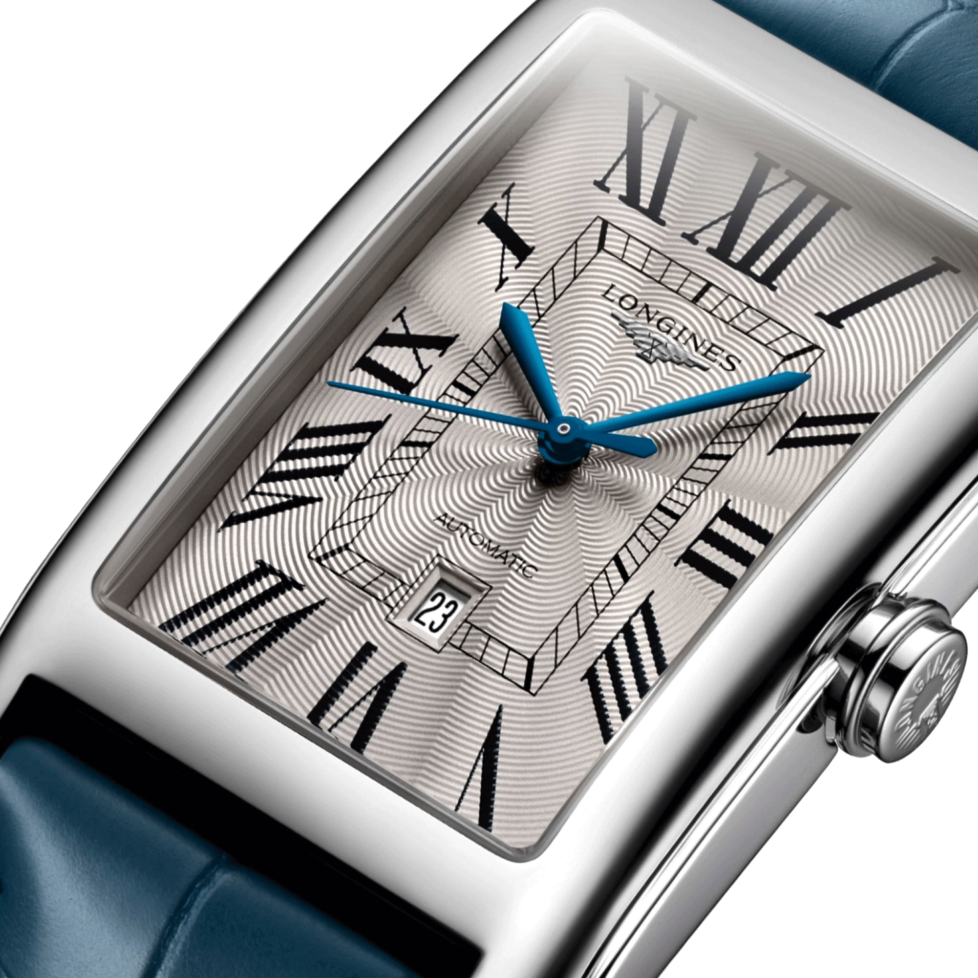 Montre Longines DolceVita automatique cadran argenté chiffres romains bracelet cuir bleu L5.767.4.71.9