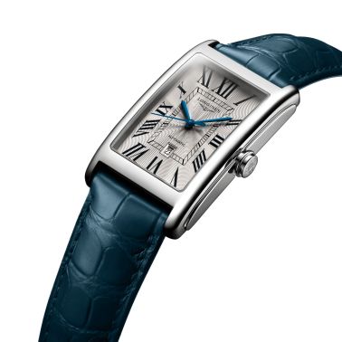 Montre Longines DolceVita automatique cadran argenté chiffres romains bracelet cuir bleu L5.767.4.71.9