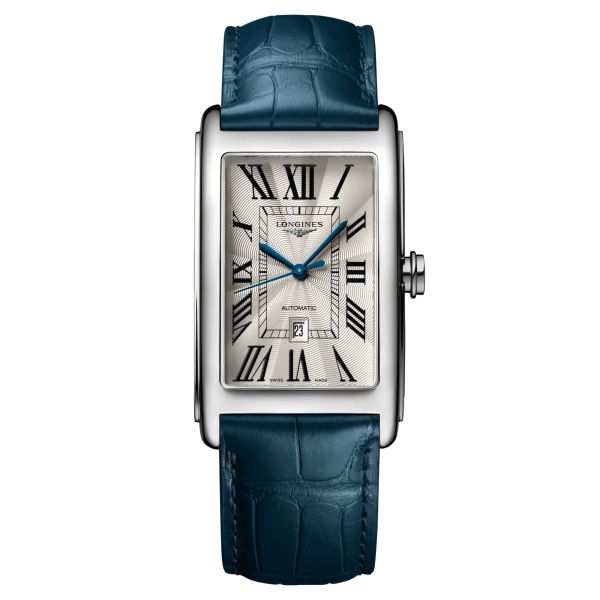 Montre Longines DolceVita automatique cadran argenté chiffres romains bracelet cuir bleu