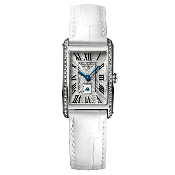 Montre Longines DolceVita quartz cadran argent bracelet cuir croco blanc 20,80 x 32 mm L5.255.0.71.2