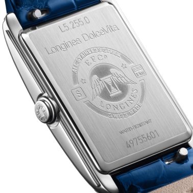 Montre Longines DolceVita quartz cadran argent bracelet cuir croco bleu 20,80 x 32 mm L5.255.0.71.7