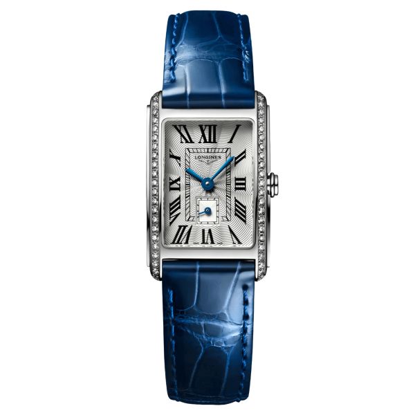Montre Longines DolceVita quartz cadran argent bracelet cuir croco bleu 20,80 x 32 mm L5.255.0.71.7