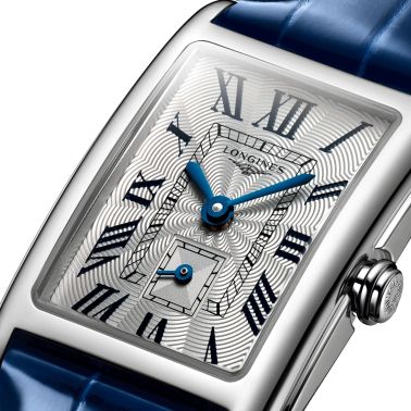 Montre Longines DolceVita quartz cadran argent bracelet cuir croco bleu 20,80 x 32 mm L5.255.4.71.7