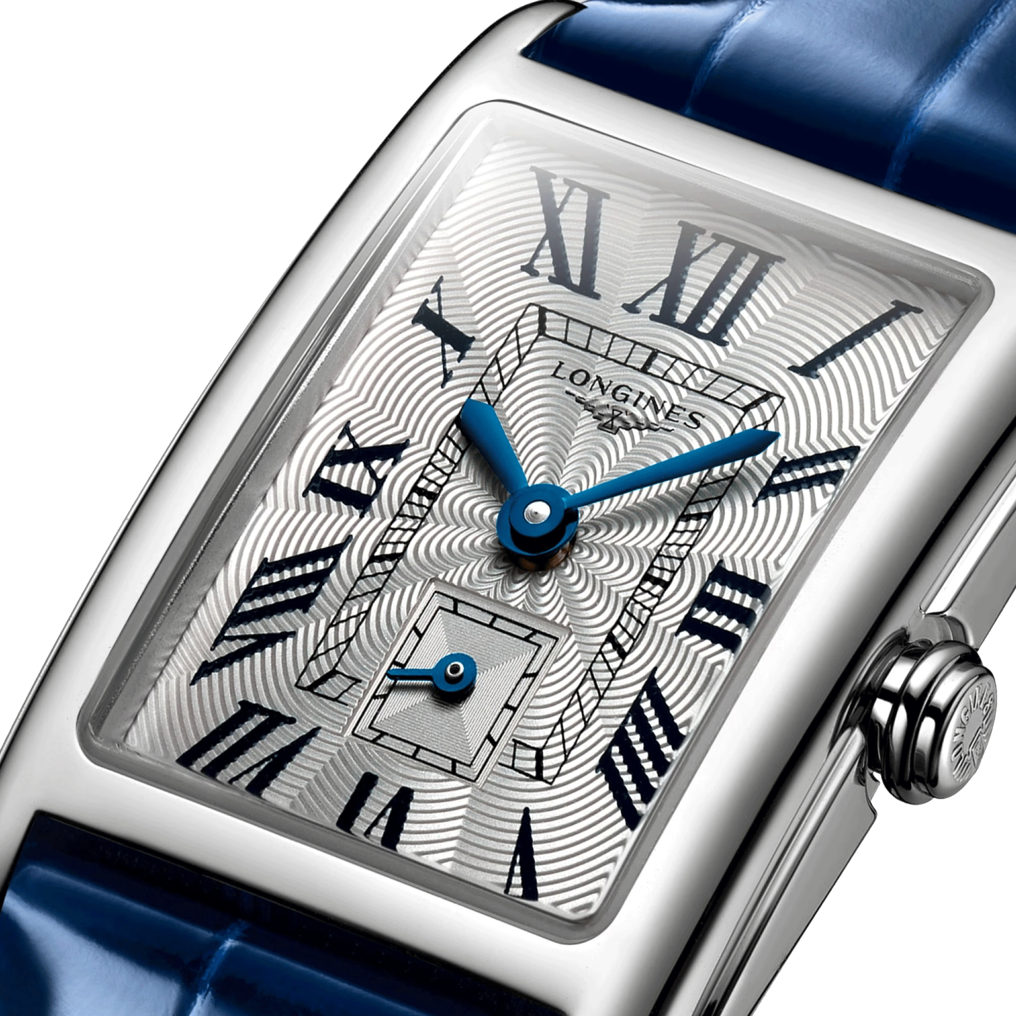 Montre Longines DolceVita quartz cadran argent bracelet cuir croco bleu 20,80 x 32 mm L5.255.4.71.7