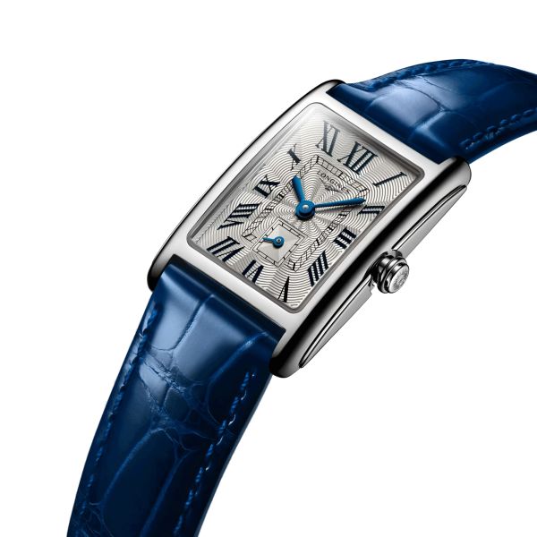 Montre Longines DolceVita quartz cadran argent bracelet cuir croco bleu 20,80 x 32 mm L5.255.4.71.7