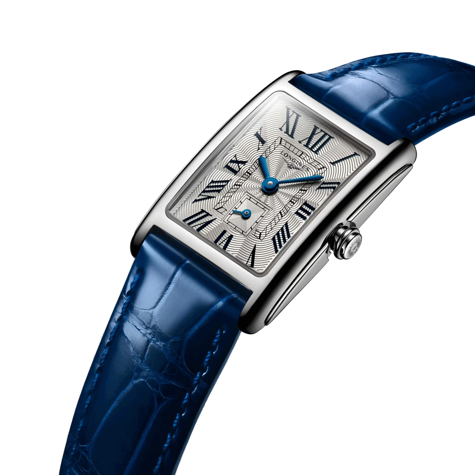 Montre Longines DolceVita quartz cadran argent bracelet cuir croco bleu 20,80 x 32 mm L5.255.4.71.7