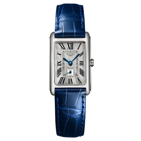 Montre Longines DolceVita quartz cadran argent bracelet cuir croco bleu 20,80 x 32 mm L5.255.4.71.7