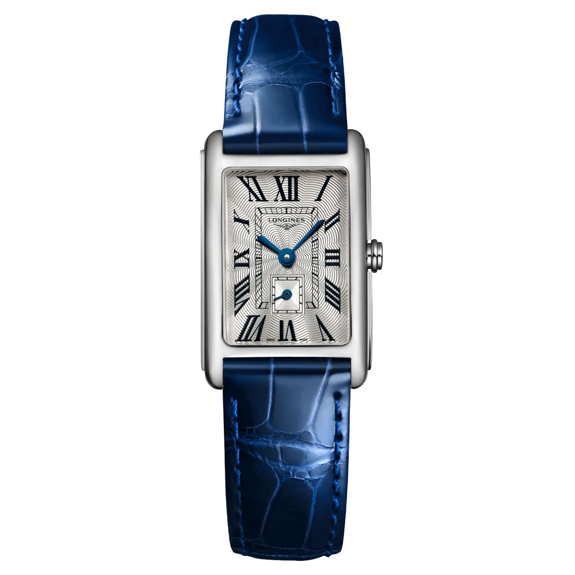 Montre Longines DolceVita quartz cadran argent bracelet cuir croco bleu 20,80 x 32 mm L5.255.4.71.7
