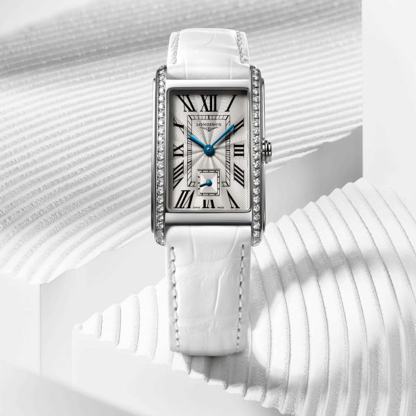 Longines DolceVita quartz watch silver dial white crocodile leather strap 23,30 x 37 mm