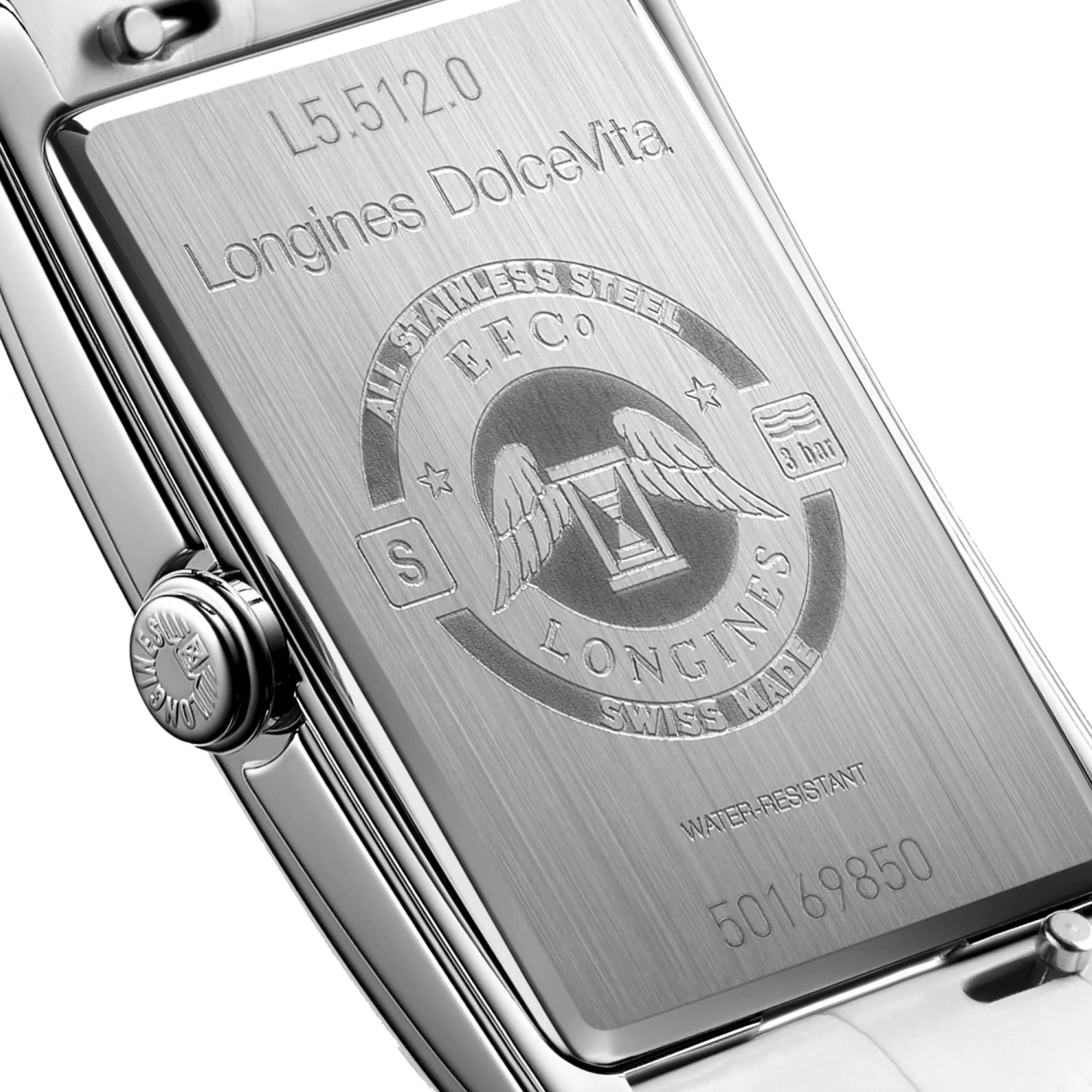 Longines DolceVita quartz watch silver dial white crocodile leather strap 23,30 x 37 mm