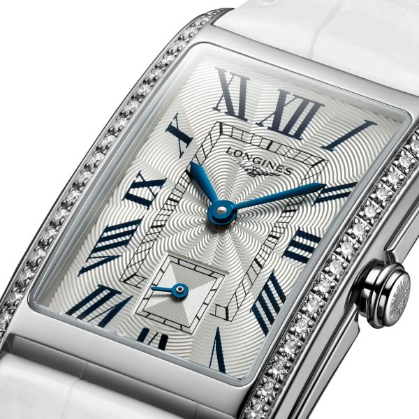 Longines DolceVita quartz watch silver dial white crocodile leather strap 23,30 x 37 mm