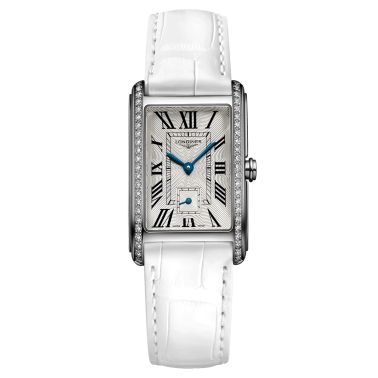 Longines DolceVita quartz watch silver dial white crocodile leather strap 23,30 x 37 mm