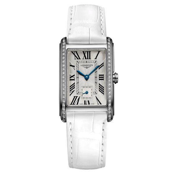 Longines DolceVita quartz watch silver dial white crocodile leather strap 23,30 x 37 mm