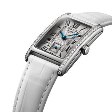 Longines DolceVita quartz watch silver dial white crocodile leather strap 23,30 x 37 mm