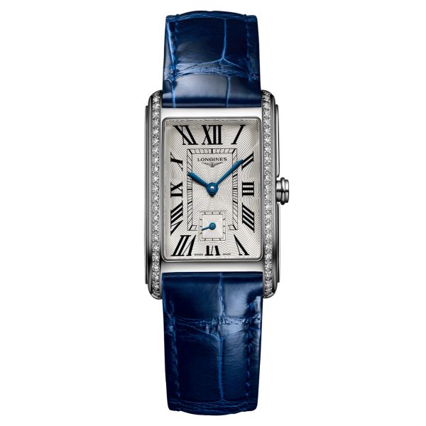 Montre Longines DolceVita quartz cadran argent bracelet cuir croco bleu 23,30 x 37 mm L5.512.0.71.7