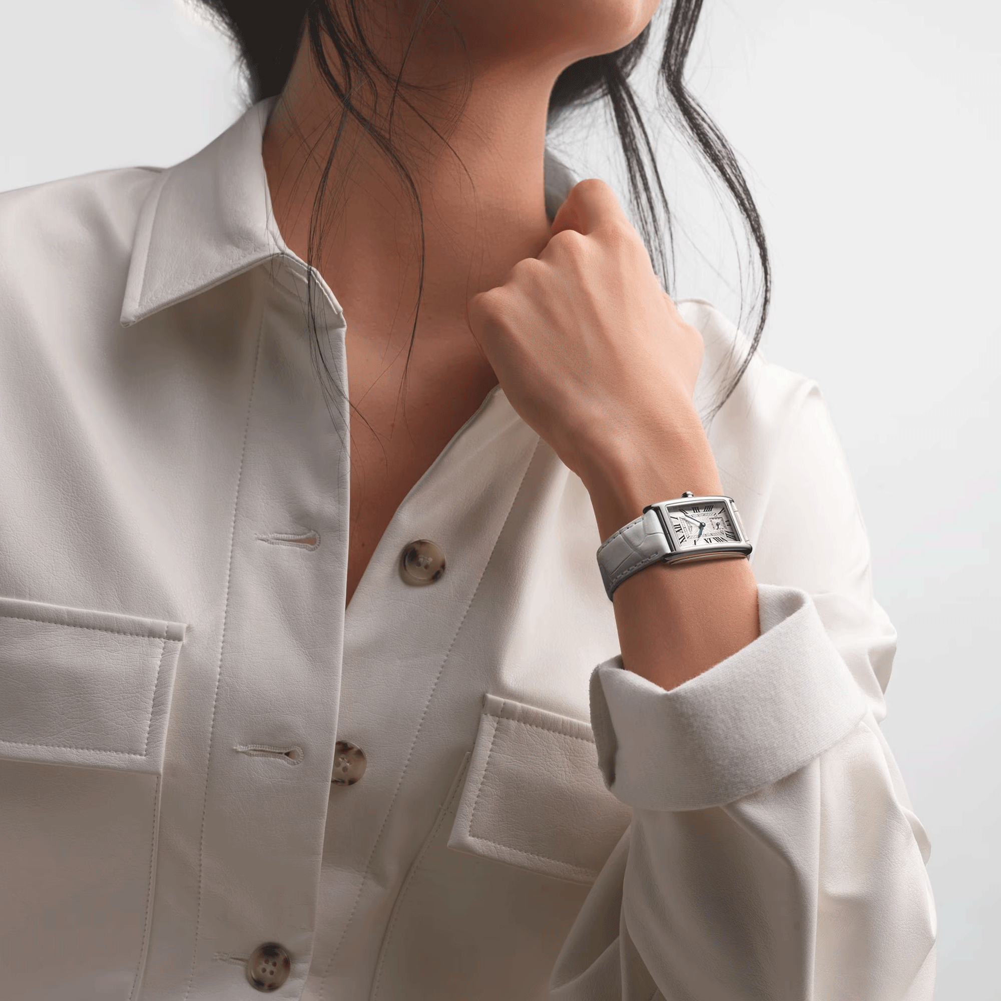 Montre Longines DolceVita quartz cadran argent bracelet cuir croco blanc 23,30 x 37 mm L5.512.4.71.2