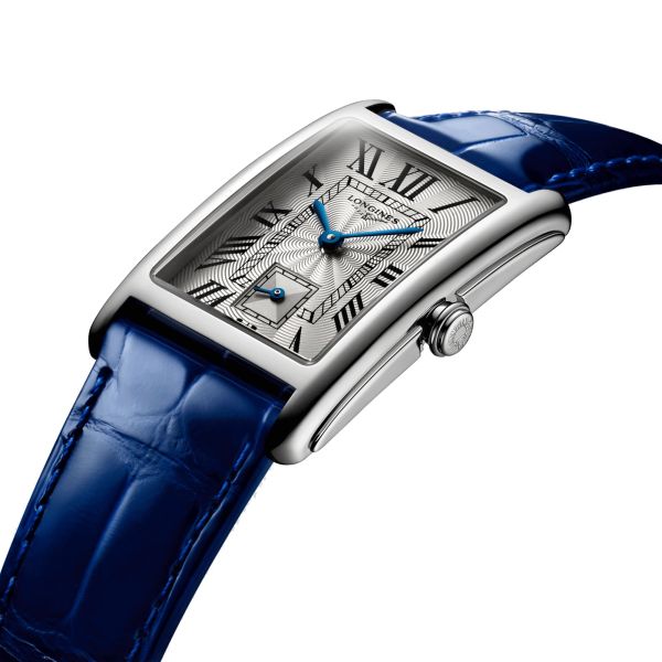 Montre Longines DolceVita quartz cadran argent bracelet cuir croco bleu 23,30 x 37 mm L5.512.4.71.7
