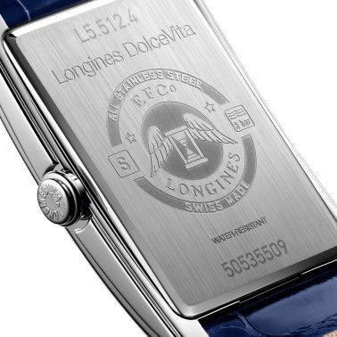 Montre Longines DolceVita quartz cadran argent bracelet cuir croco bleu 23,30 x 37 mm L5.512.4.71.7