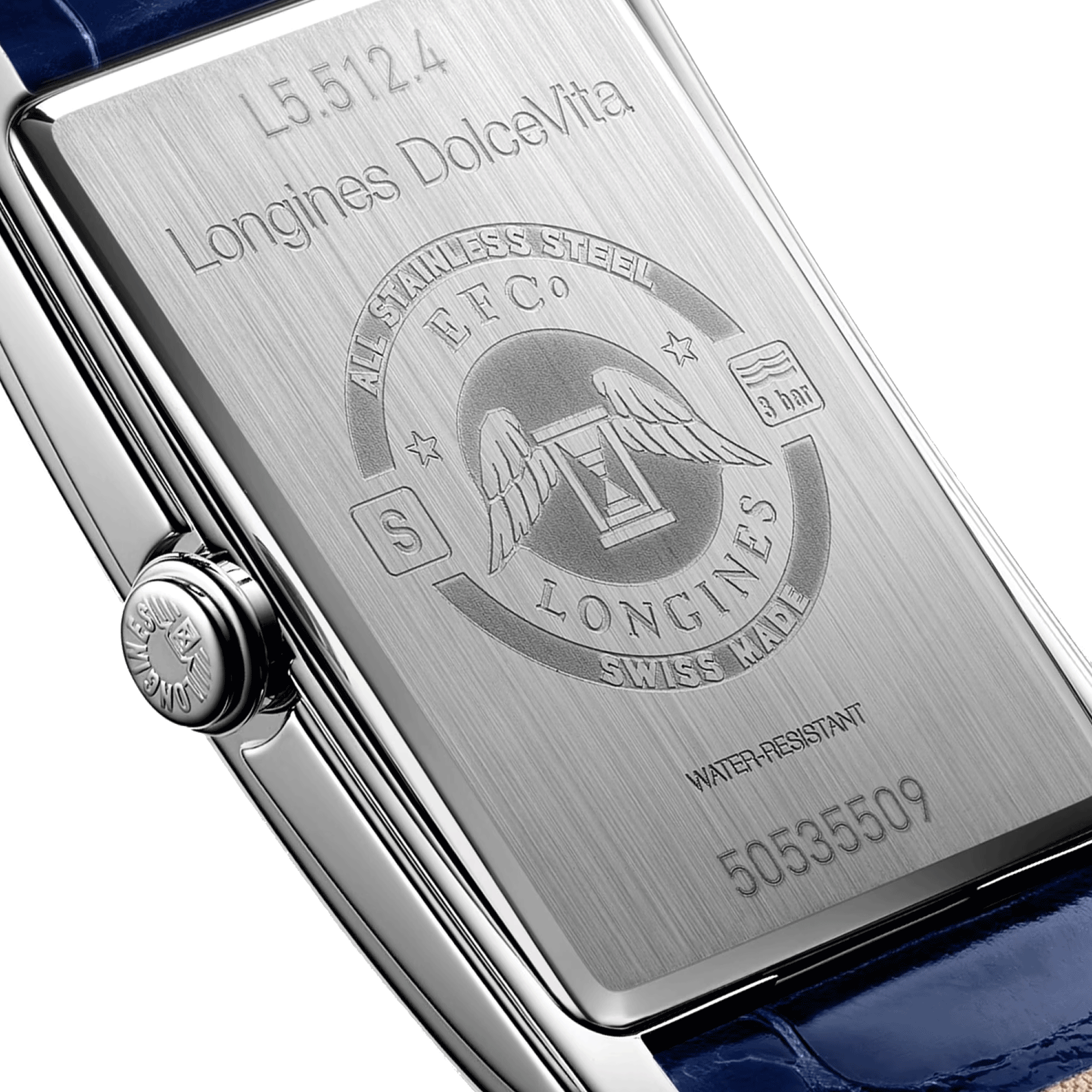 Longines DolceVita quartz watch silver dial blue crocodile leather strap 23,30 x 37 mm