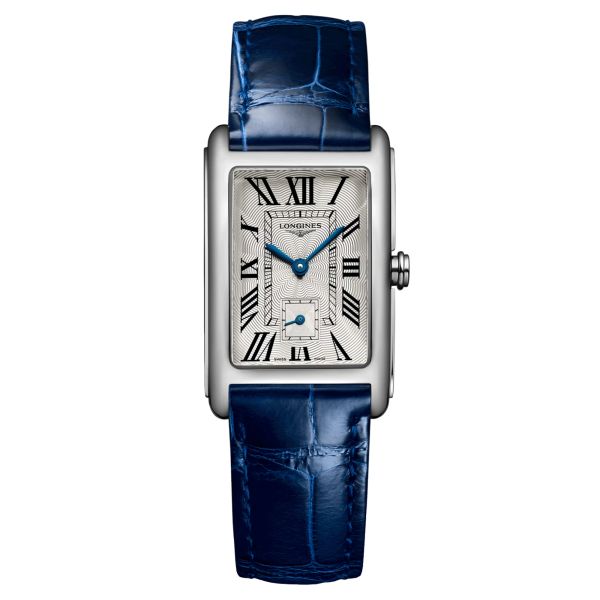Montre Longines DolceVita quartz cadran argent bracelet cuir croco bleu 23,30 x 37 mm L5.512.4.71.7