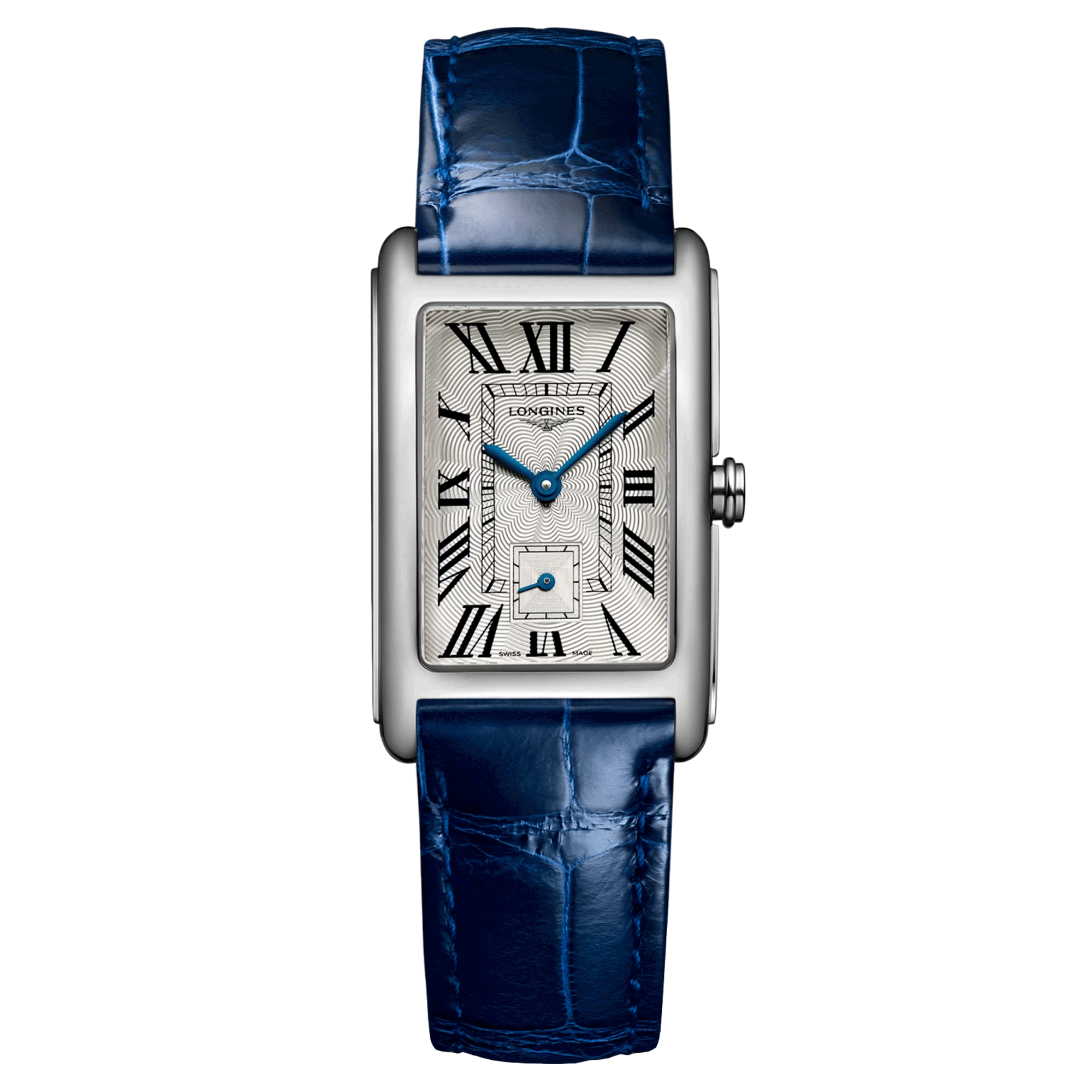 Montre Longines DolceVita quartz cadran argent bracelet cuir croco bleu 23,30 x 37 mm L5.512.4.71.7