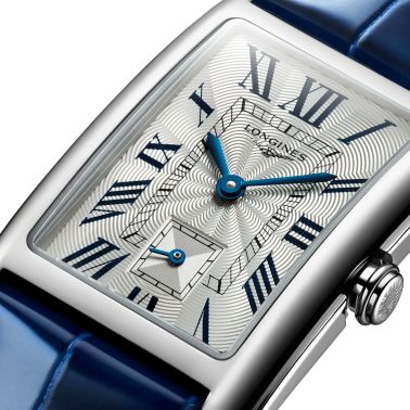 Montre Longines DolceVita quartz cadran argent bracelet cuir croco bleu 23,30 x 37 mm L5.512.4.71.7