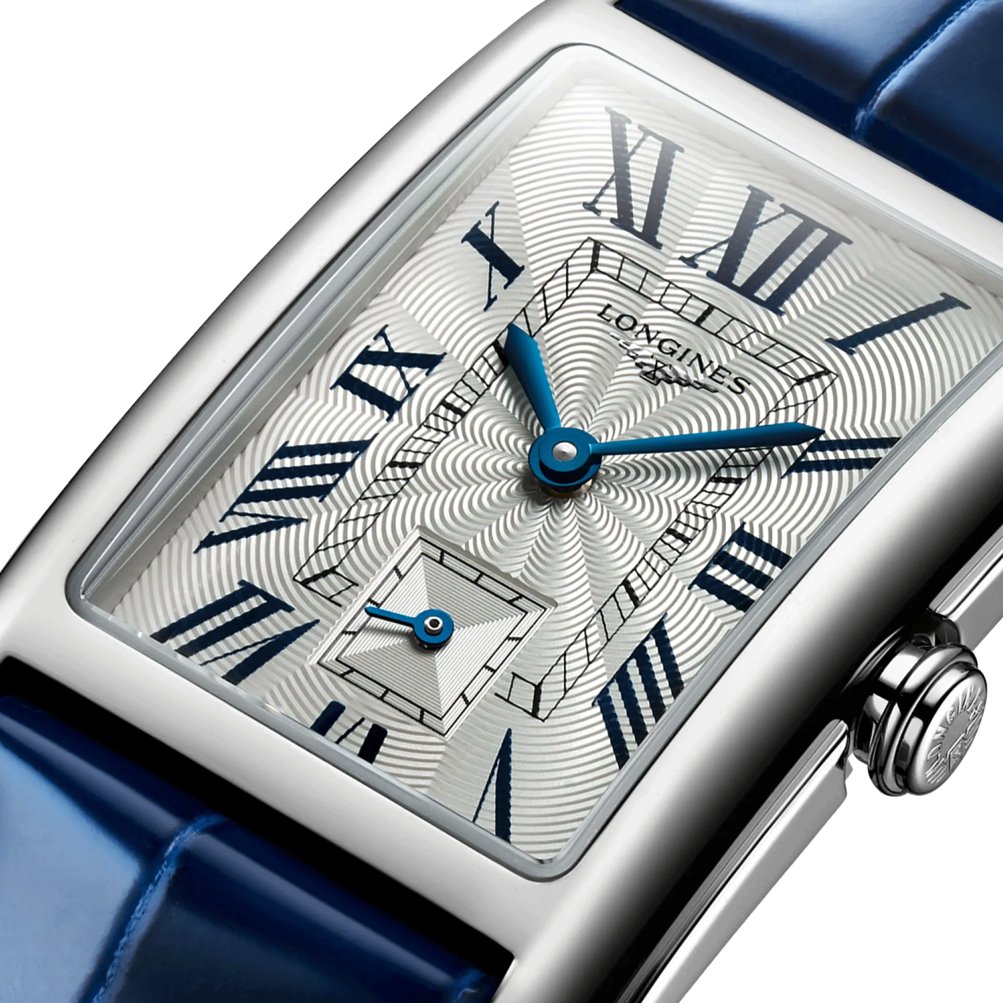 Montre Longines DolceVita quartz cadran argent bracelet cuir croco bleu 23,30 x 37 mm L5.512.4.71.7