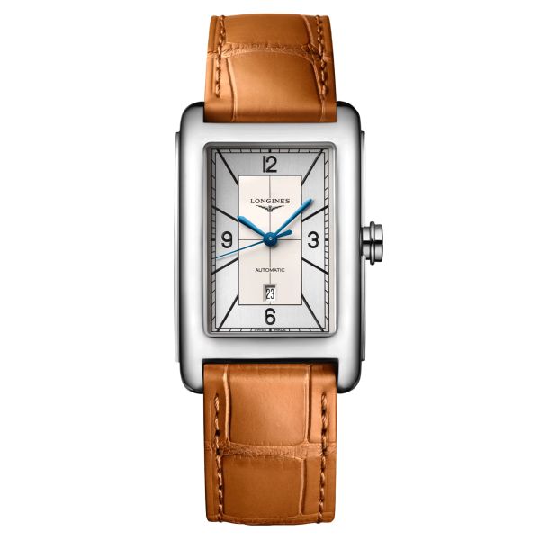 Longines DolceVita automatic watch silver dial beige crocodile leather strap 27,70 x 43,80 mm