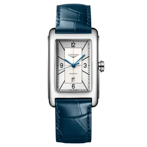 Montre Longines DolceVita automatique cadran argent bracelet cuir croco bleu 27,70 x 43,80 mm L5.757.4.73.9