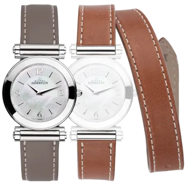 Montre Michel Herbelin Coffret Antarès quartz cadran nacre bracelets cuir gris et brun 29 mm